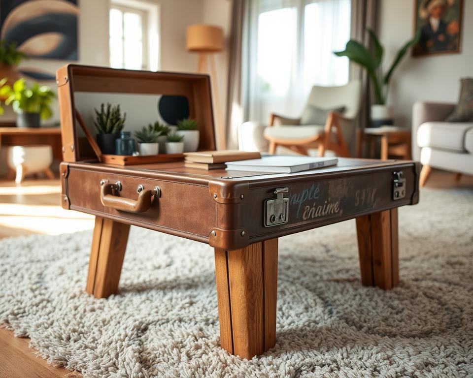 A creative coffee table made from a repurposed vintage suitcase, with unique legs crafted from sturdy wooden crates. The foreground features the suitcase, open with decorative items displayed inside, like potted plants and books. The legs resemble rustic wood, highlighting the DIY aspect. In the middle ground, a stylish living room scene showcases a cozy setting with a plush rug and a mid-century modern chair, further enhancing the unique style. The background includes soft natural lighting streaming in from a window, creating a warm and inviting atmosphere. The image is captured from a slightly elevated angle to emphasize the craftsmanship and details of the suitcase and legs, with a focus on texture and color harmony.