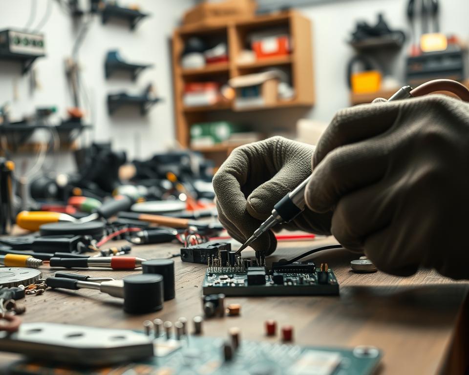 A detailed close-up of a soldering process in a well-lit workshop setting. In the foreground, a pair of hands, wearing safety gloves, skillfully holds a soldering iron, applying molten solder to electronic circuit components on a printed circuit board. The middle ground features a workbench cluttered with various tools like wire strippers, solder reels, and small component parts, creating a chaotic yet inviting atmosphere. In the background, soft, diffused lighting illuminates shelves filled with electronic kits and safety equipment, enhancing the focus on the soldering task at hand. The mood is one of concentration and skill, embodying the essence of DIY electronics repairs. The shot is taken at a slight angle to add depth, capturing the intricate details of the solder joint and the texture of the materials involved.