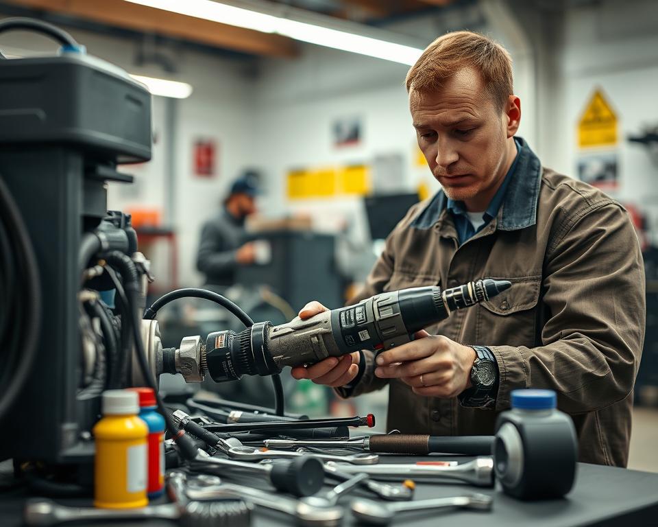 A detailed close-up of a technician performing pneumatic tool maintenance, focused on a high-quality air compressor and various tools like wrenches and lubricants scattered around a well-organized workspace. The technician, dressed in professional work attire, is inspecting a pneumatic drill under bright LED lighting that highlights the metallic textures and细节 of the tools. In the background, a blurred workshop filled with pneumatic equipment and safety posters creates an industrial atmosphere. The image conveys a sense of diligence and professionalism, emphasizing the importance of seasonal maintenance for longevity. The composition captures the technician from an angle that showcases both their focused expression and the tools in action, all framed in a harmonious, clean environment.