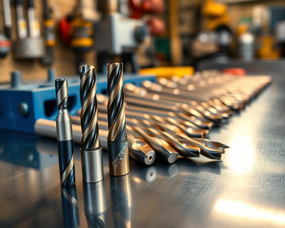 A detailed close-up of various drill bits with different coatings, prominently displayed on a polished workbench. The foreground highlights drill bits coated in titanium nitride, cobalt, and diamond-like carbon, showcasing their unique colors and textures against the shimmering metal surface. The middle ground features additional drill bits, arranged neatly, with soft, diffused lighting accentuating their sheen, creating a professional atmosphere. In the background, a blurred workshop setting is visible, hinting at tools and materials without distracting from the main subject. The scene is illuminated with warm light to evoke a sense of industry and innovation, focusing on the coatings that enhance performance and durability. No captions or text present. A detailed close-up of various drill bits with different coatings, prominently displayed on a polished workbench. The foreground highlights drill bits coated in titanium nitride, cobalt, and diamond-like carbon, showcasing their unique colors and textures against the shimmering metal surface. The middle ground features additional drill bits, arranged neatly, with soft, diffused lighting accentuating their sheen, creating a professional atmosphere. In the background, a blurred workshop setting is visible, hinting at tools and materials without distracting from the main subject. The scene is illuminated with warm light to evoke a sense of industry and innovation, focusing on the coatings that enhance performance and durability. No captions or text present.