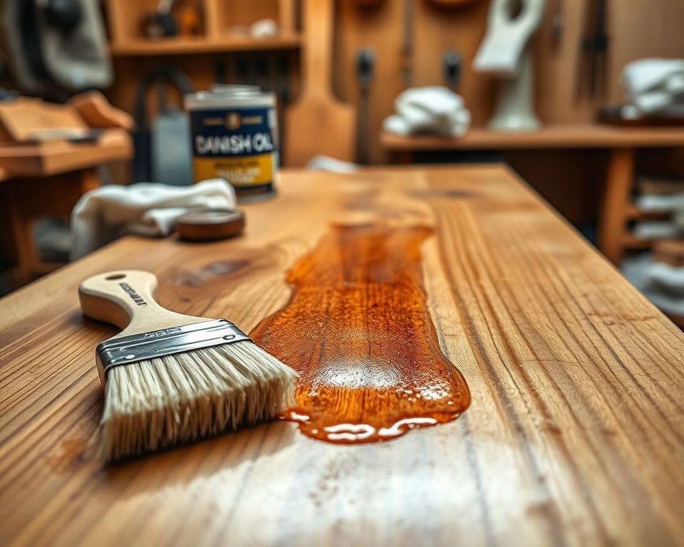 A detailed close-up view of a wooden surface being treated with Danish Oil, showcasing various application techniques. In the foreground, two different brushes are positioned on a wooden workbench, one brush showing an oil-soaked bristle and the other clean and dry. In the middle, the glossy sheen of the oil enhancing the wood grain is captured, reflecting ambient light. The background features a blurred workshop setting with tools, clean rags, and an open can of Danish Oil, conveying an atmosphere of a well-organized workspace. Warm, soft lighting highlights the richness of the wood tones, while the angle of the shot creates an inviting, focused perspective on the oil application process. The overall mood is professional and meticulous, emphasizing care in achieving a flawless finish.