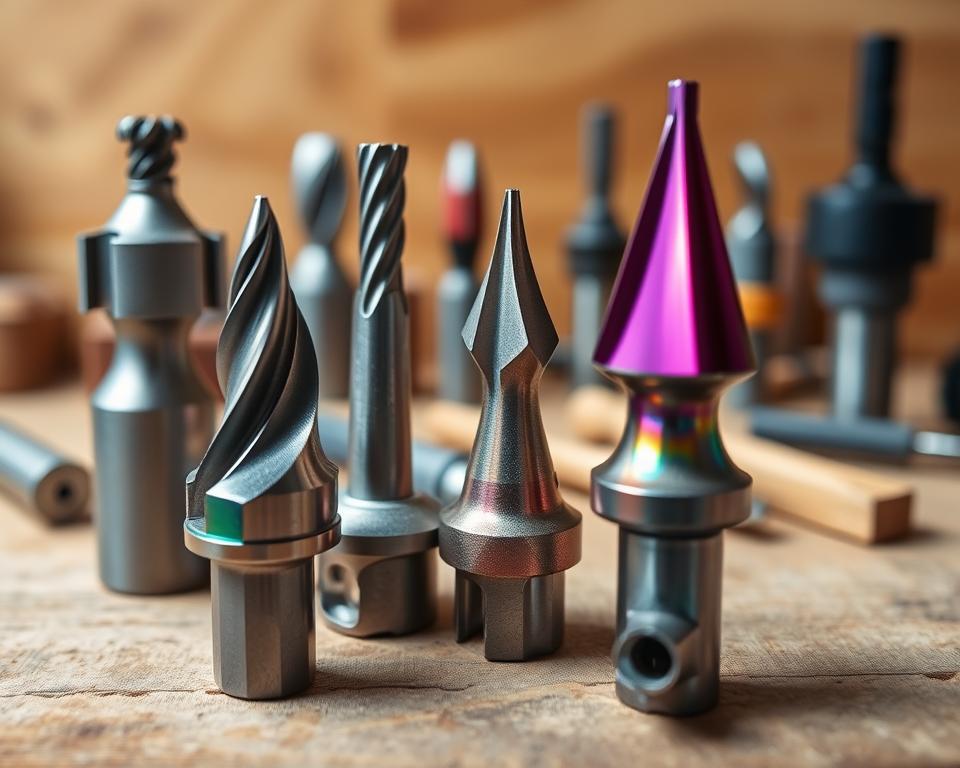 A detailed close-up view of various decorative woodworking router bits arranged artistically on a wooden workbench. The bits showcase intricate designs and sharp edges, highlighting their potential for creating stunning profiles. The foreground features three prominent bits, each uniquely shaped with vibrant metallic finishes reflecting overhead soft, diffused lighting. In the middle ground, additional bits are slightly out of focus, emphasizing depth while maintaining clarity. The background presents blurred, warm-toned wooden textures, evoking a cozy workshop atmosphere. The image captures a mood of creativity and craftsmanship, inviting viewers to appreciate the artistry in woodworking tools. A shallow depth of field accentuates the router bits, giving them a striking presence.