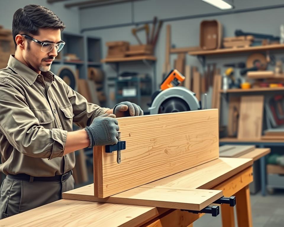 A detailed illustration of circular saw safety techniques in a professional workshop setting. In the foreground, a person wearing safety goggles and gloves, dressed in modest, professional attire, securely clamps a large wooden board to a workbench, demonstrating proper material management while using a circular saw. In the middle ground, a circular saw with a sharp blade is positioned above the board, with safety guards clearly visible and properly adjusted. The background showcases a well-organized workshop, with tools neatly arranged on shelves, good lighting illuminating the scene to enhance visibility. The atmosphere conveys a sense of focus and safety, emphasizing the importance of following techniques for managing materials securely. The angle is slightly elevated to capture the action clearly, without any text or distracting elements.