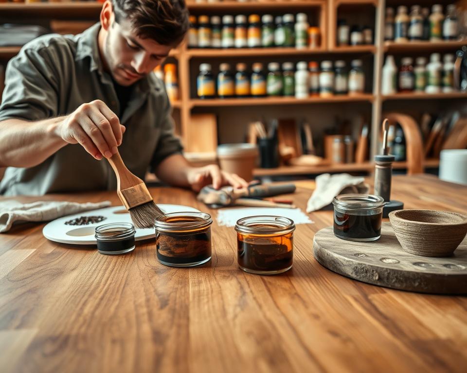 A detailed scene showcasing various wood stain application techniques on a polished wooden surface. In the foreground, a craftsman in modest casual clothing focuses intently, using a brush to apply a rich walnut stain to the wood grain, highlighting the texture. Beside them, a clean palette with different types of stains in glass containers, including dark oak and transparent finishes. In the middle ground, a neatly arranged workspace with tools such as rags, paintbrushes, and sandpaper, all illuminated by soft, warm lighting to create an inviting atmosphere. The background features shelves stocked with different wood stains and varnishes, reinforcing the theme of DIY wood finishing. The composition is shot from a slightly elevated angle to capture the essence of the work while providing context to the technique being illustrated.