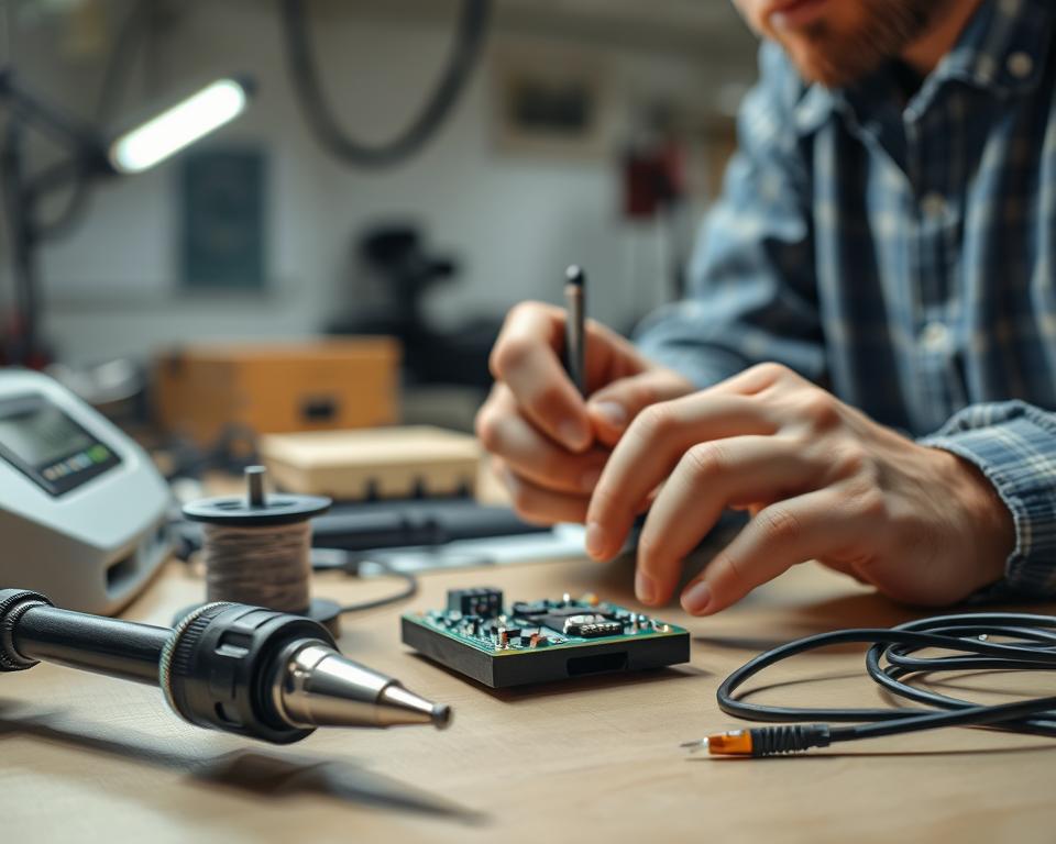 A detailed workspace showcasing essential soldering techniques. In the foreground, a well-organized soldering station features a detailed soldering iron with a bright tip, a spool of solder wire, and a small circuit board with various components. The middle ground includes close-up views of steady hands in modest casual clothing demonstrating precise soldering movements on the circuit board, focusing on the delicate process. In the background, soft overhead lighting illuminates the area, casting gentle shadows that enhance the tools and board layout. The atmosphere is focused and elaborate, conveying a sense of concentration and craftsmanship, perfect for beginners mastering their soldering skills.