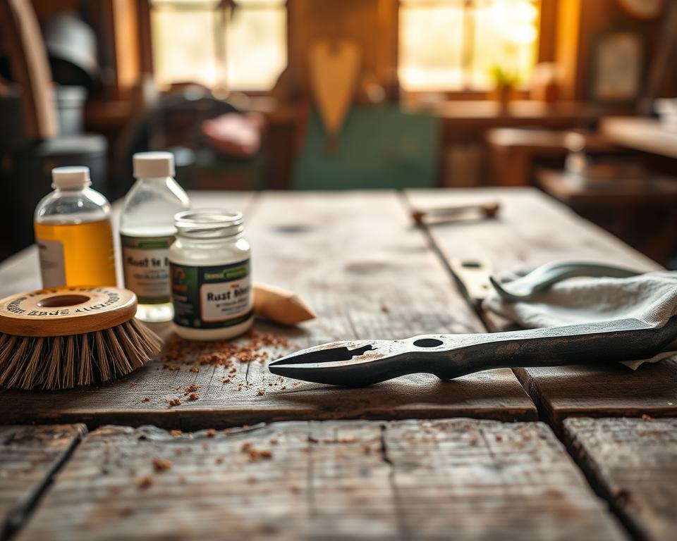 A flat lay image showcasing various rust removal techniques on an old, weathered wooden surface. In the foreground, display tools such as a wire brush, rust remover solution, sandpaper, and a cloth, arranged neatly for emphasis. The middle ground should feature a partially cleaned rusty hand tool, glistening faintly in the light, illustrating the effectiveness of the methods. In the background, provide a soft-focus view of a workshop setting, with warm, natural lighting filtering in through a nearby window, creating an inviting and productive atmosphere. The overall mood should convey a sense of restorative craftsmanship and practical DIY spirit, making it clear that these techniques are essential for bringing old tools back to life. A flat lay image showcasing various rust removal techniques on an old, weathered wooden surface. In the foreground, display tools such as a wire brush, rust remover solution, sandpaper, and a cloth, arranged neatly for emphasis. The middle ground should feature a partially cleaned rusty hand tool, glistening faintly in the light, illustrating the effectiveness of the methods. In the background, provide a soft-focus view of a workshop setting, with warm, natural lighting filtering in through a nearby window, creating an inviting and productive atmosphere. The overall mood should convey a sense of restorative craftsmanship and practical DIY spirit, making it clear that these techniques are essential for bringing old tools back to life.