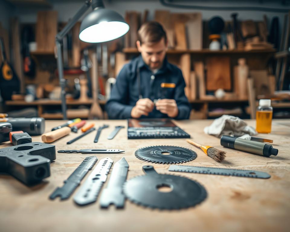 A focused workbench scene showcasing a skilled technician performing jigsaw blade maintenance. In the foreground, a detailed illustration of various jigsaw blades lies next to specialized tools like a blade sharpener and a cleaning brush, with oil and rags positioned nearby for maintenance. The middle layer features the technician, dressed in professional work attire, carefully inspecting a jigsaw blade under a bright work lamp, emphasizing attention to detail and precision. In the background, a blurred array of tools and wood projects are visible, creating an organized, industrious atmosphere. Soft, even lighting enhances the clarity of the elements, while a slight depth of field brings focus to the maintenance activity, evoking a sense of professionalism and craftsmanship in the air.