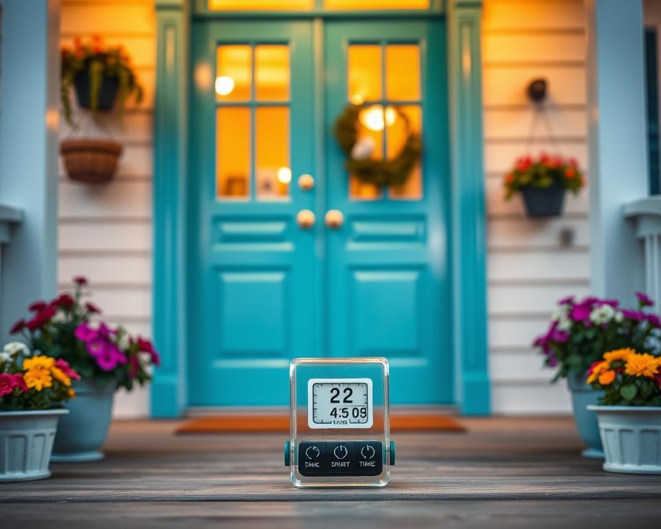 A freshly painted front door, a vibrant shade of turquoise, stands prominently in the foreground, with the paint still glistening, indicating it's in the drying phase. On either side, pots of colorful flowers add life and contrast. In the middle ground, a small, clear timer rests on a wooden bench, showing the countdown for drying time, hinting at the process. The background features a cozy porch with warm, inviting lighting at sunset, enhancing the vibrant hues of the door and flowers. The mood is serene and satisfied, conveying the completion of a DIY project. The scene is captured from a slightly low angle, emphasizing the door and its details while maintaining a focus on the surrounding environment.