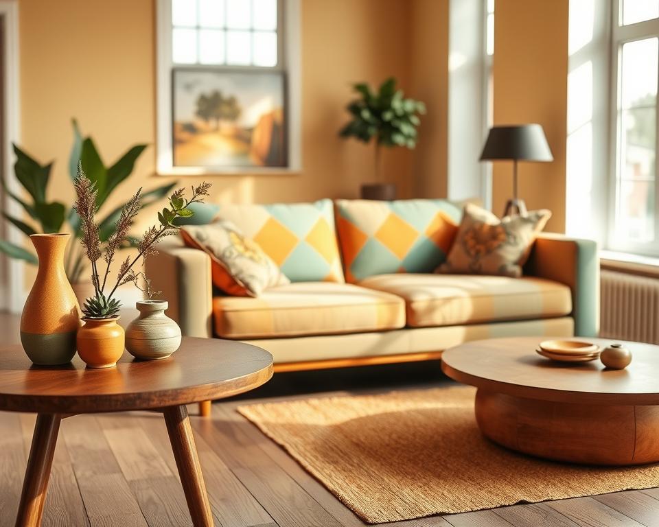A harmonious arrangement of a Mid-Century Modern color palette featuring warm avocado greens, soft mustard yellows, and muted terracotta. In the foreground, place a stylish wooden side table showcasing a few vintage decorative elements, such as a ceramic vase in earthy tones, and a small potted succulent. The middle ground should include a sleek, mid-century sofa upholstered in a bold geometric fabric in shades of teal and orange, accentuated by retro patterned cushions. In the background, softly lit walls with pastel paint tones serve to enhance the overall aesthetic, while large windows bring in natural light, casting gentle shadows. Capture this scene from a slightly elevated angle to provide depth and warmth, evoking a nostalgic yet vibrant atmosphere ideal for inspirational interior restoration.