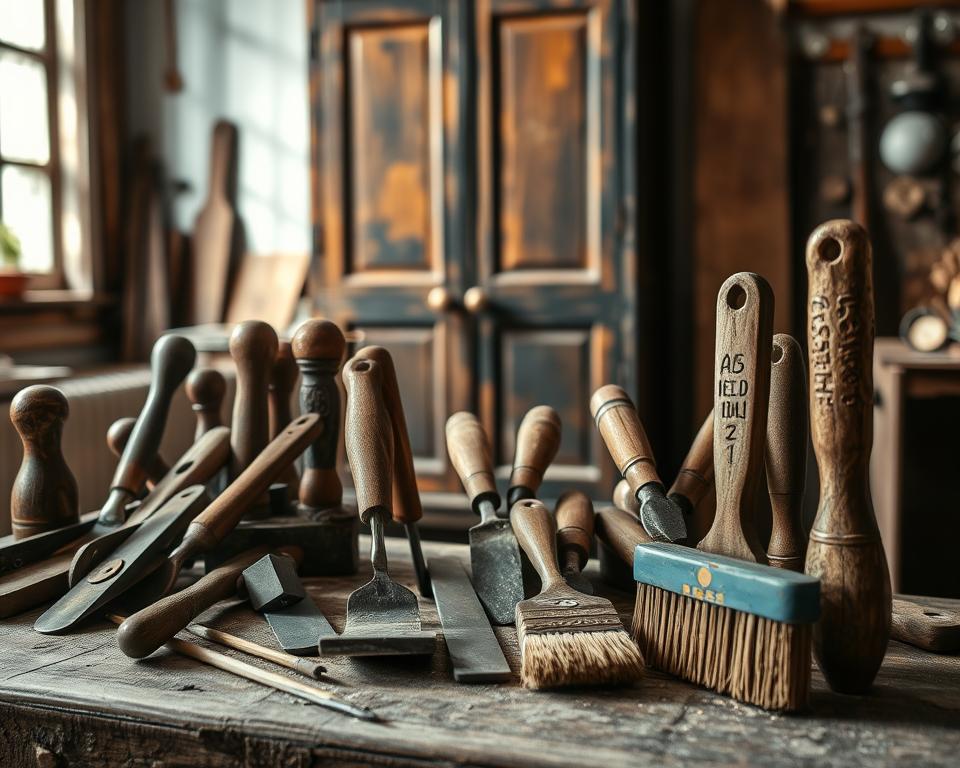 A meticulous arrangement of vintage wood stripping tools displayed on a rustic wooden workbench. In the foreground, focus on a collection of timeworn hand tools including chisels, scrapers, and a worn-out paintbrush, each showcasing the rich patina of age and use. The middle ground features an antique wooden cabinet partially stripped of its old varnish, revealing the beautiful grain beneath. In the background, soft natural light filters through a nearby window, casting gentle shadows that enhance the warmth of the scene. The atmosphere is calm and inviting, evoking a sense of nostalgia for craftsmanship and the art of restoration. Capture this scene with a slightly angled perspective to create depth, emphasizing the tools as the focal point of the image.