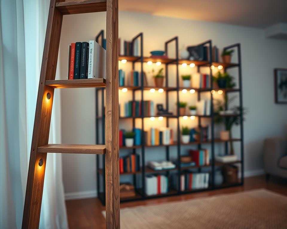 A modern ladder bookcase design, elegantly illuminated with soft, warm LED lights, showcases an array of neatly arranged books and decorative items on the shelves. The foreground features a handcrafted wooden ladder with a distressed finish, emphasizing its rustic charm. In the middle ground, the shelves are filled with colorful books and small plants, creating an inviting and cozy atmosphere. The background reveals a softly lit room with neutral-colored walls and a textured rug, enhancing the tranquil feel. The image should have a depth of field effect, pulling focus on the bookcase while blurring the background slightly. The warm lighting creates a relaxing mood, ideal for a DIY home decor setting.