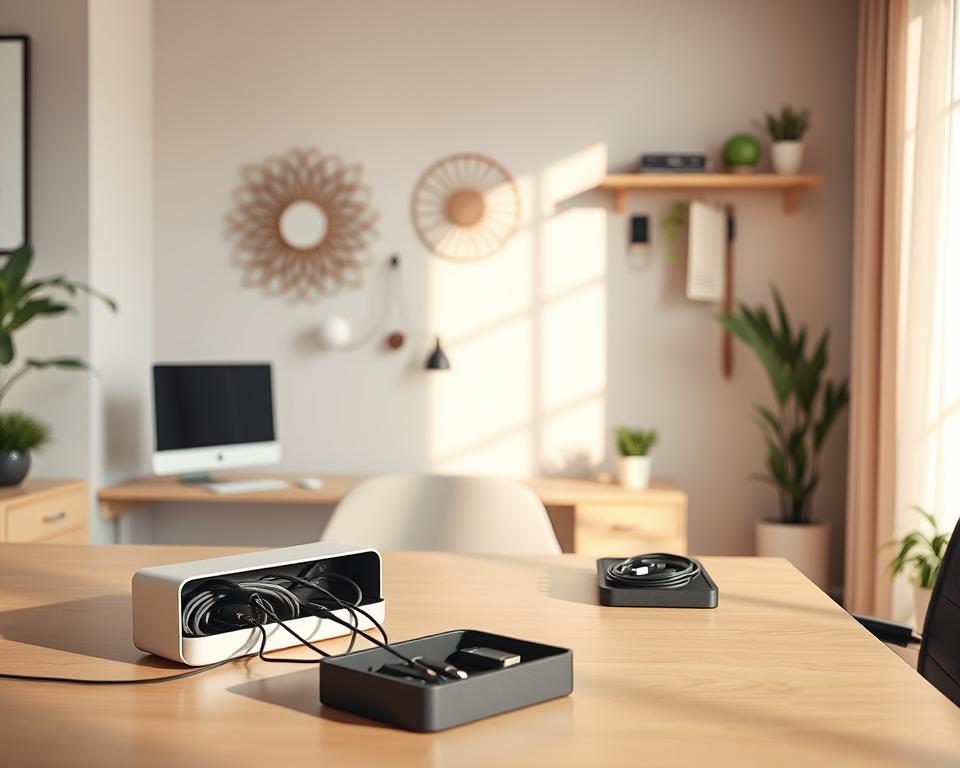 A neatly organized home office scene showcasing various innovative cord management ideas. In the foreground, a stylish desk with a compact cable management box, where multiple cords are neatly tucked away, revealing only essential wires. Moving to the middle, features a decorative wall-mounted cable organizer and an under-desk cable tray holding additional cords in a discreet manner. In the background, a soothing, well-lit atmosphere with soft, natural light streaming through a nearby window, creating warm shadows that enhance the tranquil mood. The setting should convey a sense of professionalism and order, featuring minimalist decor and plants for a touch of liveliness. Ideal camera angle from slightly above and to the side, focusing on the functionalities of the cord organization solutions without any people present. A neatly organized home office scene showcasing various innovative cord management ideas. In the foreground, a stylish desk with a compact cable management box, where multiple cords are neatly tucked away, revealing only essential wires. Moving to the middle, features a decorative wall-mounted cable organizer and an under-desk cable tray holding additional cords in a discreet manner. In the background, a soothing, well-lit atmosphere with soft, natural light streaming through a nearby window, creating warm shadows that enhance the tranquil mood. The setting should convey a sense of professionalism and order, featuring minimalist decor and plants for a touch of liveliness. Ideal camera angle from slightly above and to the side, focusing on the functionalities of the cord organization solutions without any people present.