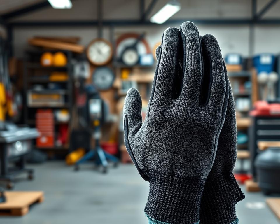 A pair of durable protective gloves prominently displayed in the foreground, set against a softly blurred workshop background filled with restoration tools and equipment. The gloves should be made of thick, resistant material, showcasing features like reinforced stitching and a textured grip for handling various objects. The lighting is bright and focused, highlighting the gloves and illuminating the details of their fabric. Capture the image from a slightly elevated angle, emphasizing the gloves' quality while creating depth in the shot. The mood is professional and focused, conveying the importance of safety gear in restoration work. Ensure there are no people in the image, and the composition remains clean and free of text or watermarks.