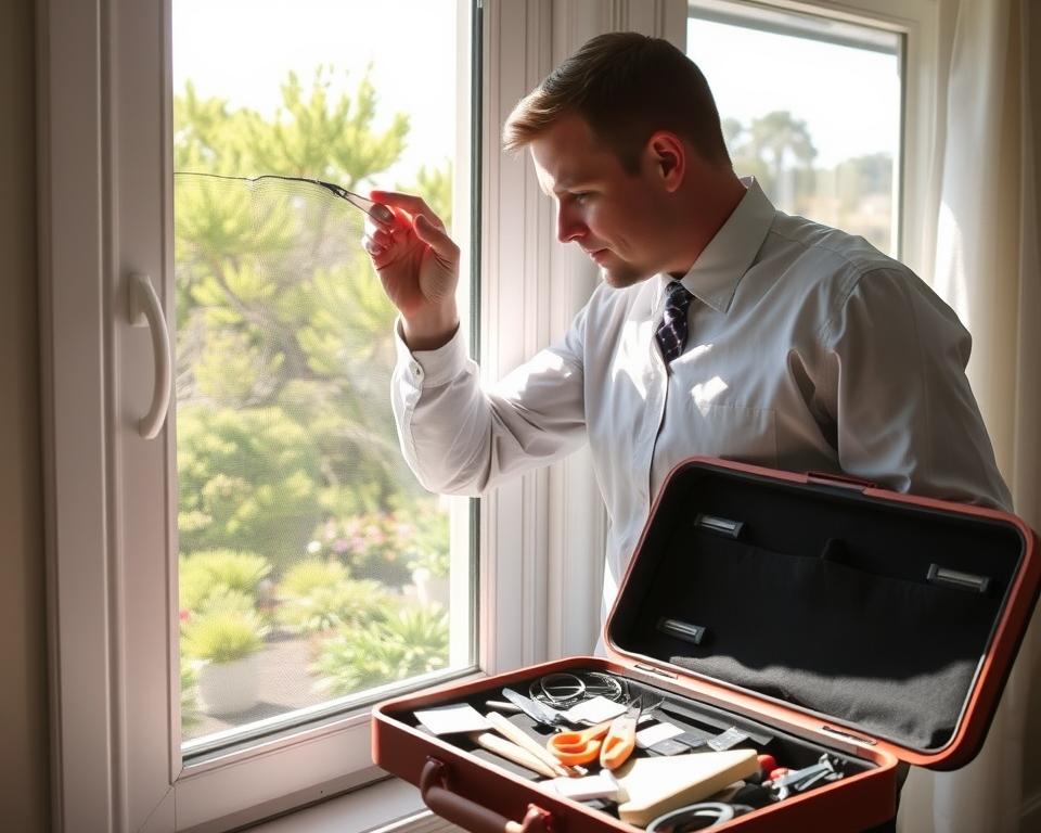 A person in professional attire, carefully inspecting a torn window screen during a sunny day, stands in the foreground. Their focused expression conveys the determination to repair the damage. In the middle ground, a toolkit lies open, displaying necessary tools such as scissors, patches, and adhesive. Behind them, a lush garden is visible through the partially open window, illustrating the seasonal beauty of spring. Soft natural light filters through the window, casting gentle shadows that highlight the details of the screen and the tools. The atmosphere is calm and productive, emphasizing the importance of seasonal maintenance for window screens to keep insects out and enhance home comfort. A person in professional attire, carefully inspecting a torn window screen during a sunny day, stands in the foreground. Their focused expression conveys the determination to repair the damage. In the middle ground, a toolkit lies open, displaying necessary tools such as scissors, patches, and adhesive. Behind them, a lush garden is visible through the partially open window, illustrating the seasonal beauty of spring. Soft natural light filters through the window, casting gentle shadows that highlight the details of the screen and the tools. The atmosphere is calm and productive, emphasizing the importance of seasonal maintenance for window screens to keep insects out and enhance home comfort.