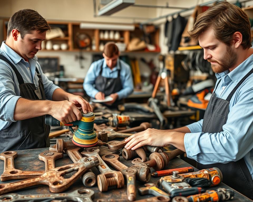 A professional rust removal service in action, showcasing skilled technicians in smart casual clothing, confidently working on a collection of old tools like wrenches and saws. In the foreground, focus on a technician using a power sander to effectively remove rust from a corroded metal tool, emphasizing their attention to detail. The middle layer features additional technicians preparing other tools with rust, each demonstrating various rust removal methods, such as chemical treatments and hand sanding. In the background, a well-organized workshop filled with tools and equipment creates an atmosphere of professionalism and expertise. Soft, natural lighting illuminates the scene, highlighting the texture of the rust and the shine of the restored tools, conveying a mood of restoration and revitalization. A professional rust removal service in action, showcasing skilled technicians in smart casual clothing, confidently working on a collection of old tools like wrenches and saws. In the foreground, focus on a technician using a power sander to effectively remove rust from a corroded metal tool, emphasizing their attention to detail. The middle layer features additional technicians preparing other tools with rust, each demonstrating various rust removal methods, such as chemical treatments and hand sanding. In the background, a well-organized workshop filled with tools and equipment creates an atmosphere of professionalism and expertise. Soft, natural lighting illuminates the scene, highlighting the texture of the rust and the shine of the restored tools, conveying a mood of restoration and revitalization.