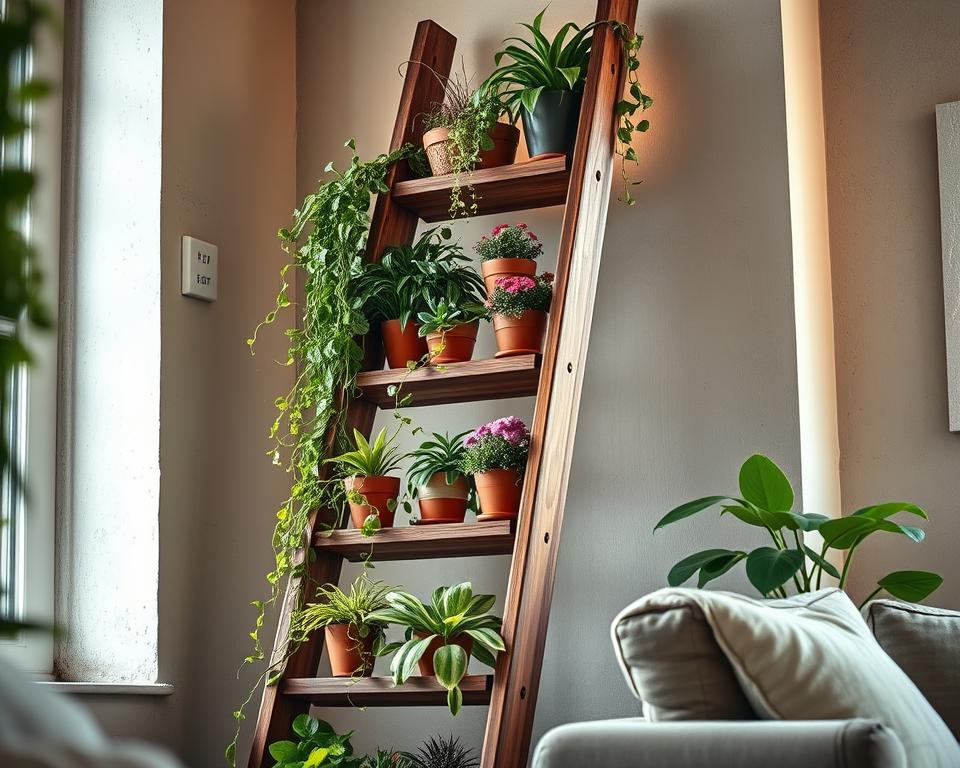 A rustic wooden ladder transformed into a stylish bookshelf, adorned with vibrant potted plants in a cozy living room setting. The ladder leans elegantly against a textured wall, showcasing a variety of greenery, including trailing vines, small succulents, and colorful flowering plants on each step. In the background, soft, warm lighting filters through a window, creating a peaceful ambiance. The scene captures a sense of tranquility and creativity, with natural materials like wood and clay enhancing the earthy vibe. The angle is slightly tilted from below, emphasizing the height of the ladder and the lush plants cascading down, inviting viewers into this serene plant-filled space. The overall atmosphere is inviting, reflecting a perfect blend of DIY charm and nature's beauty.
