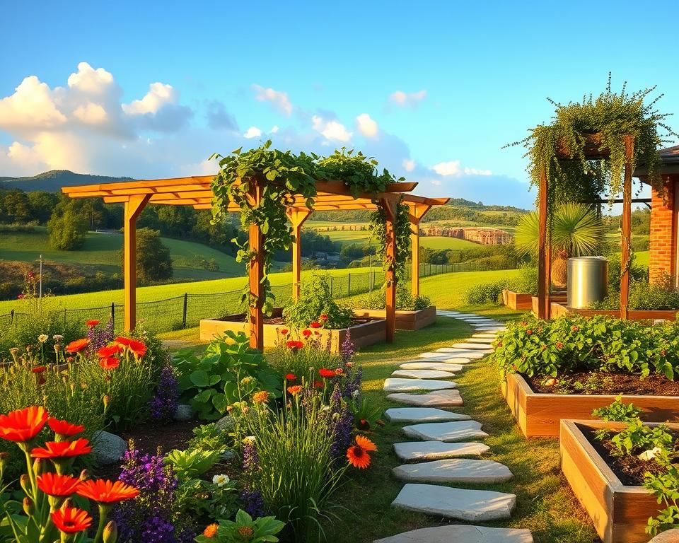 A serene eco-friendly landscape showcasing a lush garden, featuring native plants and colorful wildflowers in the foreground. A winding pathway made of natural stones leads through the garden, bordered by raised beds of vegetables and herbs. In the middle ground, a charming wooden pergola draped with eco-friendly vines provides shade, accompanied by a small rainwater collection system. The background features a tranquil view of a green hillside under a bright blue sky with soft, fluffy clouds. The lighting is warm and inviting, capturing the golden hour glow. The overall atmosphere is peaceful and harmonious, emphasizing sustainability and nature's beauty.