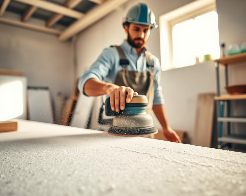 A skilled contractor carefully sanding drywall in a well-lit workshop, showcasing various sanding techniques for different surface textures. In the foreground, a focus on the sanding tool with fine particles of dust in motion, reflecting the light. The middle ground features the contractor, dressed in professional work attire, demonstrating a smooth circular sanding motion on a freshly applied joint compound. The background displays a clean workshop environment with neatly organized drywall materials and tools, bathed in warm, natural light from a nearby window, creating a productive atmosphere. The angle captures both the action and the texture of the drywall, emphasizing attention to detail and craftsmanship, with an inviting and focused mood throughout the scene.