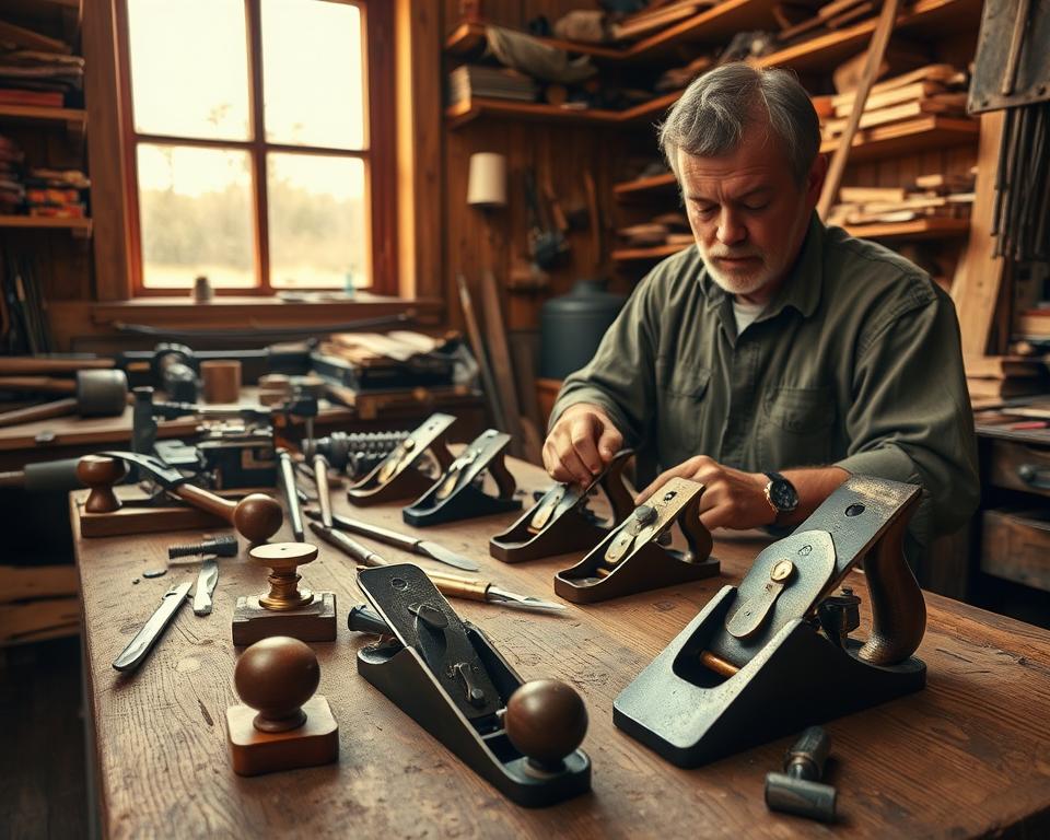 A skilled craftsman in modest casual attire is diligently restoring vintage hand planes on a wooden workbench. The foreground features various hand planes, some disassembled with gleaming brass components and fine wooden bodies, showcasing details of their craftsmanship. The middle ground includes tools such as chisels and a smoothing plane, neatly organized and well-used, hinting at a rich history. The background displays a cluttered workshop filled with soft warm light filtering through a dusty window, illuminating the wooden shelves filled with more tools and wood scraps. The scene conveys a focused atmosphere, emphasizing the meticulous nature of reassembling these collectibles, with a hint of nostalgia and appreciation for traditional craftsmanship. The angle should be slightly elevated to capture both the workbench and the ambience of the workshop.