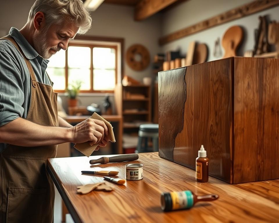 A skilled craftsman is delicately restoring a damaged wood veneer surface. In the foreground, the artisan, dressed in a modest casual shirt and apron, is using fine sandpaper to smooth out the veneer. Nearby, an array of restoration tools like brushes, a small can of stain, and wood glue are meticulously arranged. In the middle ground, the partially restored piece of furniture reflects a rich, warm color enhanced by a glossy finish, showcasing the contrast between the restored and damaged sections. The background features a cozy workshop filled with natural light filtering through a large window, casting a soft glow on the wooden surfaces. The atmosphere is tranquil and focused, embodying the satisfying art of woodworking and craftsmanship.