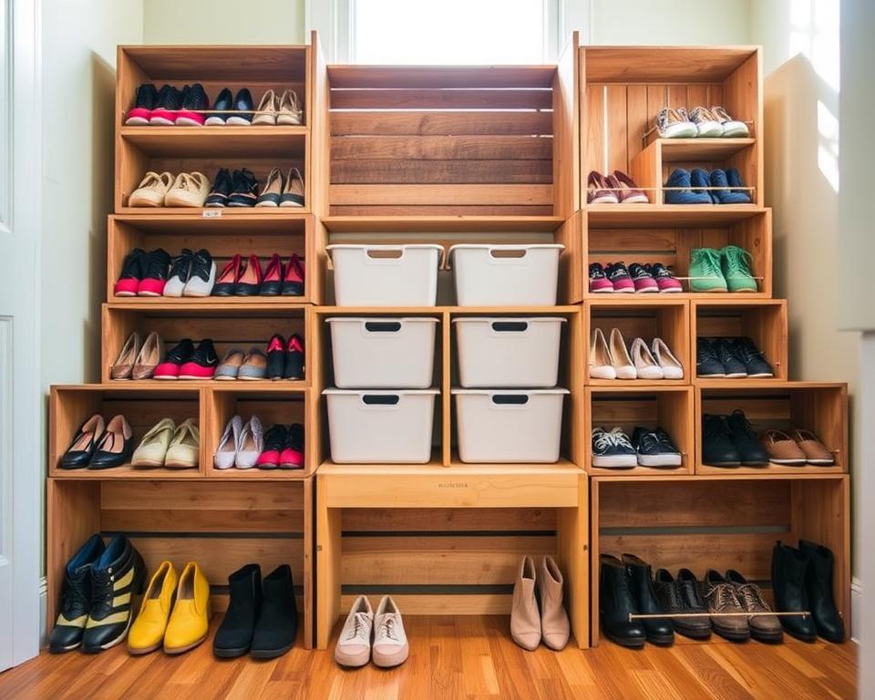 A stylish DIY shoe storage solution featuring rustic wooden crates organized neatly against a bright, airy wall. The foreground showcases an array of colorful shoes arranged in the open crates, with some innovative shoe dividers for neat placement. In the middle, bins and labels are subtly incorporated, emphasizing a practical storage system. The background includes a soft, natural light streaming through a window, highlighting the textures of the wood and the vibrant colors of the footwear. The scene conveys a cozy, homey atmosphere, perfect for a cost-effective and efficient organization concept. Capture the image from a slightly elevated angle to showcase depth and clarity.