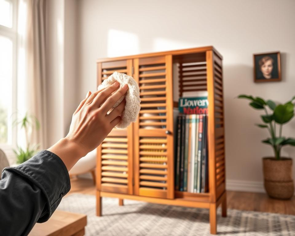 A stylish wooden shutter magazine rack is the focal point, showcasing an organized collection of glossy magazines arranged by color and size. In the foreground, hands in professional attire delicately dust off the rack with a soft cloth, illustrating maintenance. The middle ground features the magazine rack, beautifully lit by soft natural light streaming in through a nearby window, highlighting the wood's rich grain. The background showcases a cozy, modern living room with soft-toned walls and a few potted plants, enhancing the atmosphere of a well-organized home. The overall mood is calm and inviting, with a focus on beauty and functionality in home organization. Use a wide-angle lens for depth and clarity, emphasizing the inviting nature of the space.