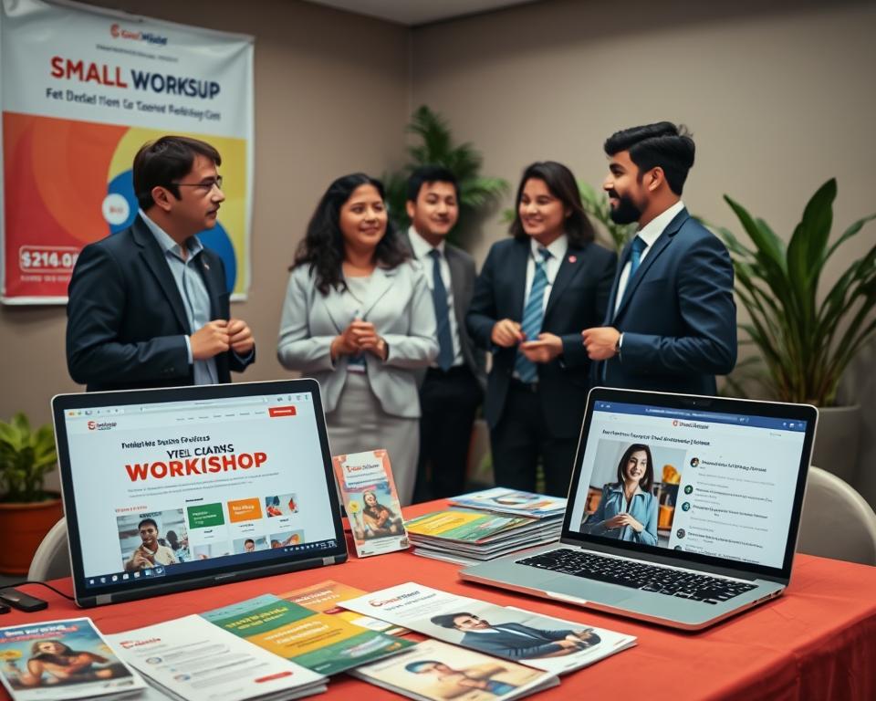 A vibrant scene of a small workshop promotion event, showcasing a well-organized setup. In the foreground, a table displays eye-catching flyers, informational brochures, and a laptop with an attractive event website open. The middle ground features a diverse group of four professionally dressed individuals engaged in animated discussions, showcasing enthusiasm for the workshop. The background includes a decorated wall with colorful banners about the workshop, potted plants for a welcoming atmosphere, and soft lighting that creates an inviting environment. The lens captures the scene from a slightly elevated angle, emphasizing the lively interactions and warm atmosphere, evoking a sense of excitement and professionalism in event promotion.