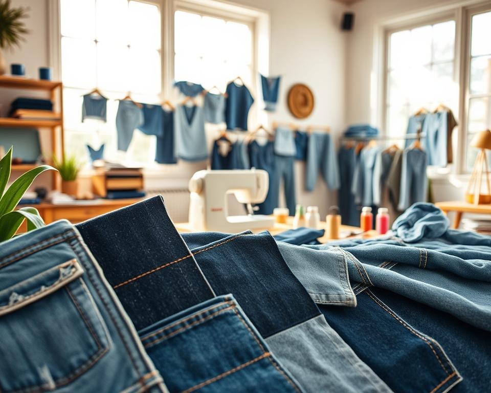 A vibrant workspace showcasing a variety of patchwork denim ideas. In the foreground, there are different denim swatches arranged artistically, featuring a mix of textures and shades including indigo, light blue, and distressed denim, with intricate stitching patterns. The middle ground highlights a sewing machine and denim tools like scissors and thread spools, surrounded by unfinished patchwork projects, revealing creativity in progress. In the background, large windows let in soft, natural light, illuminating the workspace with a warm, inviting glow. The atmosphere is cheerful and inspirational, perfect for a beginner's sewing project, filled with the sense of opportunity and exploration in the world of patchwork denim. Soft focus lends warmth and depth, emphasizing the details of the denim.