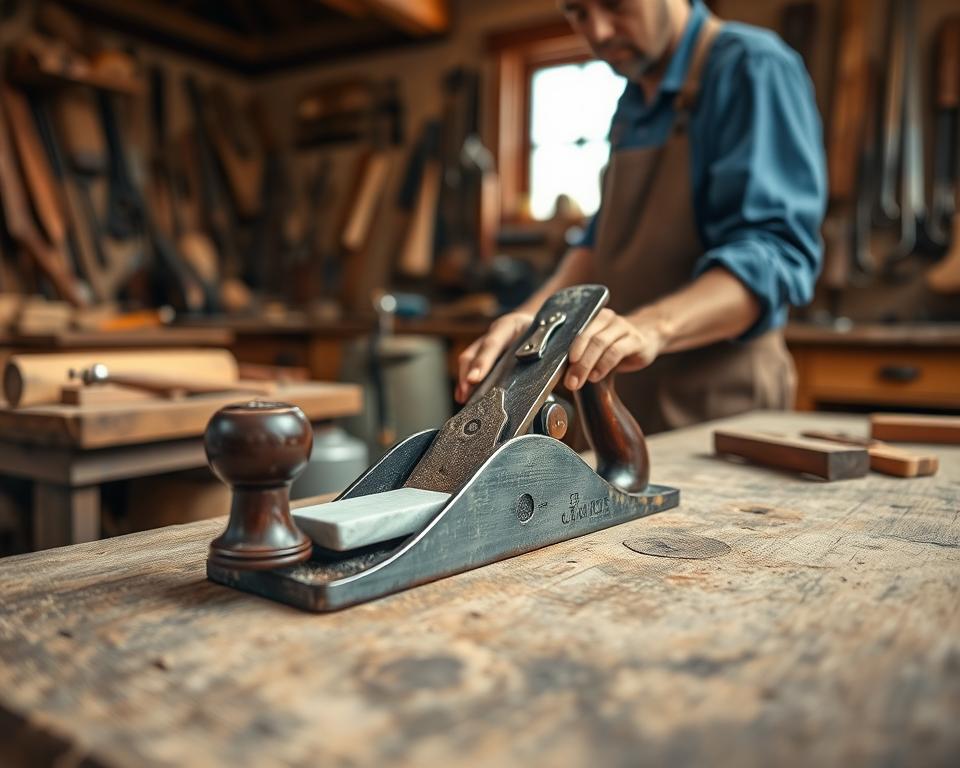 A vintage hand plane lies on a rustic wooden workbench, its blade glistening as it is expertly sharpened with a water stone. In the foreground, a skilled craftsman, dressed in a modest blue work shirt and apron, carefully angles the blade against the stone, showcasing the precision and technique of blade sharpening. The middle ground features an array of traditional woodworking tools scattered around, adding to the nostalgic ambiance. In the background, soft natural light filters through a small workshop window, casting gentle shadows and illuminating the warm tones of the wood. The atmosphere is focused and serene, capturing the essence of artisanal craftsmanship and dedication to restoring vintage tools.