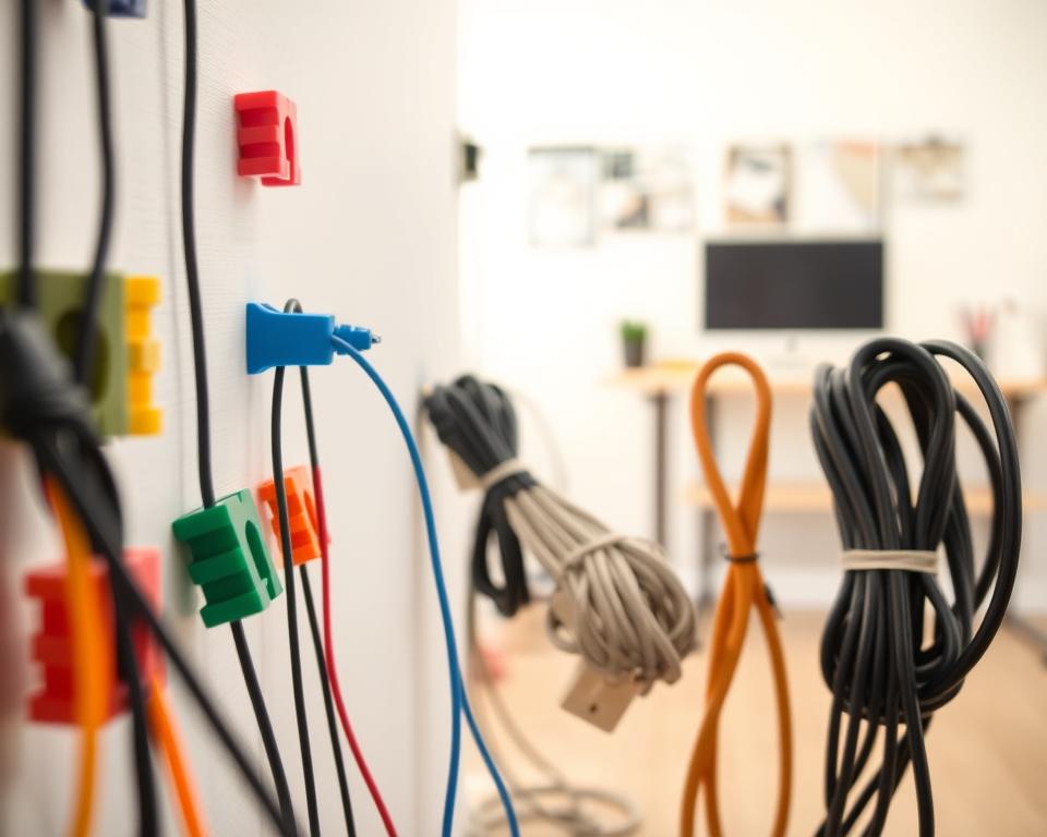 A visually organized scene featuring a variety of cable clips and ties in use to manage electrical cords. In the foreground, a close-up view of colorful cable clips securing various cords against a clean wall surface. The middle ground showcases an assortment of neatly bundled cables tied with velcro ties, demonstrating versatility and practicality. In the background, soft, diffused lighting creates a bright, inviting workspace atmosphere, with a subtle hint of a desk and tools visible to suggest a DIY environment. The image conveys a sense of order and efficiency in cord management, emphasizing the importance of tidiness. Capture using a shallow depth of field to keep the focus on the cable clips while creating a soft bokeh effect in the background. A visually organized scene featuring a variety of cable clips and ties in use to manage electrical cords. In the foreground, a close-up view of colorful cable clips securing various cords against a clean wall surface. The middle ground showcases an assortment of neatly bundled cables tied with velcro ties, demonstrating versatility and practicality. In the background, soft, diffused lighting creates a bright, inviting workspace atmosphere, with a subtle hint of a desk and tools visible to suggest a DIY environment. The image conveys a sense of order and efficiency in cord management, emphasizing the importance of tidiness. Capture using a shallow depth of field to keep the focus on the cable clips while creating a soft bokeh effect in the background.
