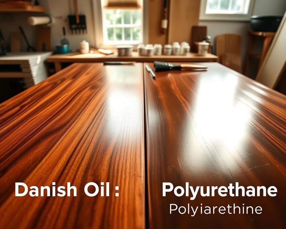 A visually striking comparison image illustrating Danish Oil and Polyurethane Finish. In the foreground, a beautifully finished wooden surface glistens with a deep, rich sheen from Danish Oil, showcasing its natural grain and color. Next to it, a contrasting section displays a glossy polyurethane finish, emphasizing its sleek, reflective surface. In the middle ground, a well-organized workspace reveals tools and brushes used in the application process, along with small containers labeled for each finish. The background features soft, diffused natural light streaming in from a window, casting gentle shadows that enhance the textures of the wood. The mood is warm and inviting, suggesting a professional woodworking environment focused on quality craftsmanship. The camera angle is slightly above eye level, capturing both finishes side by side with attention to detail.