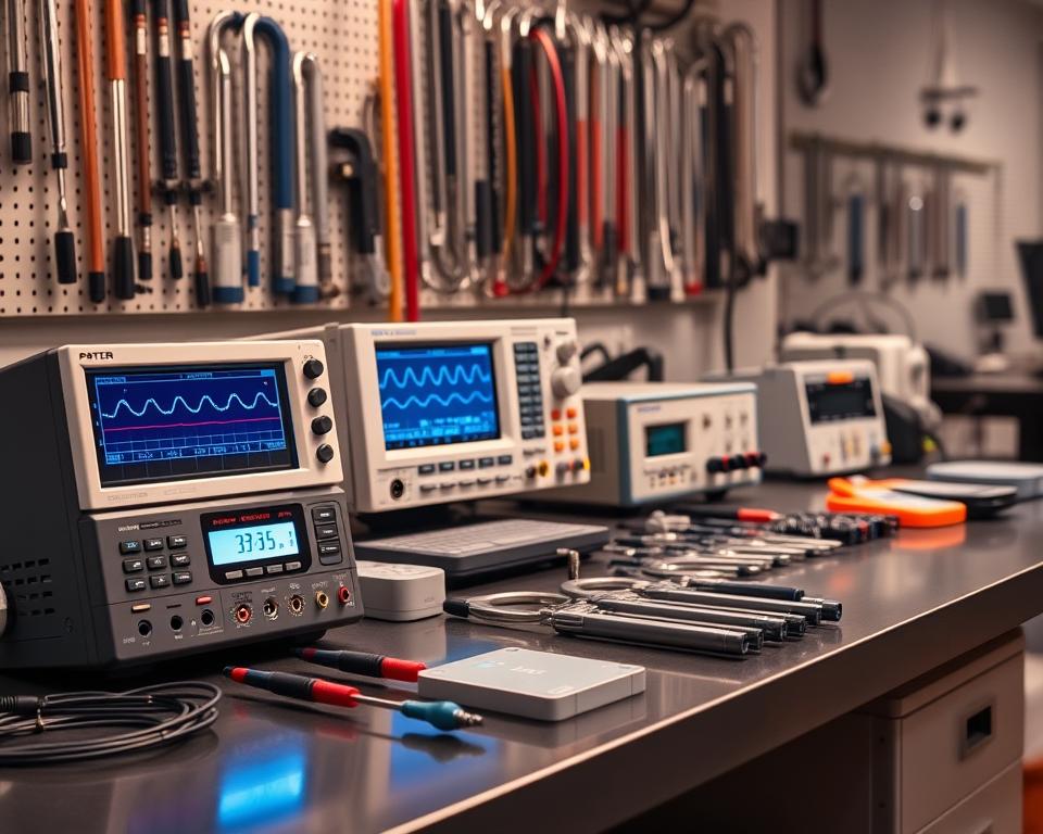 A well-equipped calibration lab scene featuring an array of precision calibration equipment on a polished workbench. In the foreground, display a digital multimeter with a bright, clear readout, alongside various calibration standards and weight sets. The middle ground should include a high-quality oscilloscope with vivid waveforms shown on the screen, reflecting its operational state. In the background, a wall of neatly arranged measurement tools, such as micrometers and calibers, is highlighted by soft, diffused lighting that enhances the metallic finishes. The atmosphere is one of focus and professionalism, emphasizing accuracy and the meticulous nature of calibration work, captured with a slight angle to create depth and dimension.