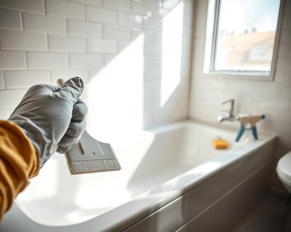 A well-lit bathroom scene focused on the process of smoothing out freshly applied caulk in a bathtub. In the foreground, a gloved hand holds a smoothing tool, expertly gliding over the white caulk bead along the bathtub seam, highlighting the texture and sheen of the caulk. The middle ground showcases a clean, gleaming bathtub and surrounding tiled walls, reflecting bright, natural light that pours in from a nearby window. Soft shadows add depth to the scene, while a few essential tools, like a caulk gun and a small sponge, are neatly arranged nearby. In the background, a tranquil, minimalist bathroom atmosphere enhances the focus on the re-caulking process, evoking a sense of satisfaction and accomplishment. The mood is calm and industrious, suitable for a home improvement project.