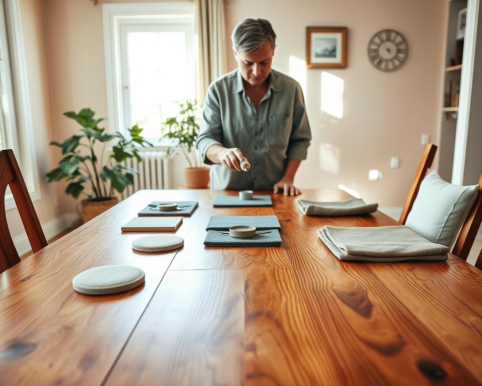 A well-lit, cozy home interior featuring a beautiful wooden dining table in the foreground, showcasing vibrant wood grain textures. On the table, an array of protective products such as coasters, felt pads, and table covers are artistically arranged, suggesting easy DIY solutions for wood surface care. In the middle, a caretaking homeowner is gently applying a protective finish to the table, dressed in modest casual clothing, exuding a sense of care and diligence. In the background, soft pastel-colored walls and a potted plant create a warm and inviting atmosphere, while natural light filters in through a window, casting gentle shadows. The overall mood is tranquil and industrious, reflecting a commitment to preserving wood beauty against scratches.