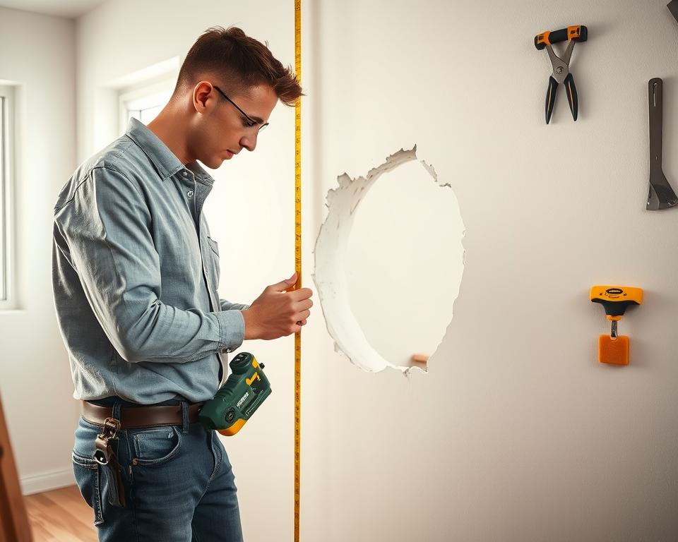 A well-lit interior scene showcasing a professional contractor repairing a large hole in a drywall, using a drywall saw and tape measure. The foreground features the contractor, dressed in modest casual clothing, intently measuring the damaged area with focused expression. In the middle, a partially repaired section of drywall is visible, with spackling compounds and tools like a putty knife and sanding block nearby. The background contains a clean, organized workspace with tools hanging on the wall and light shining in from a window, creating a bright and inviting atmosphere. The image captures a sense of expertise and professionalism, emphasizing the right approach to fixing larger drywall issues.