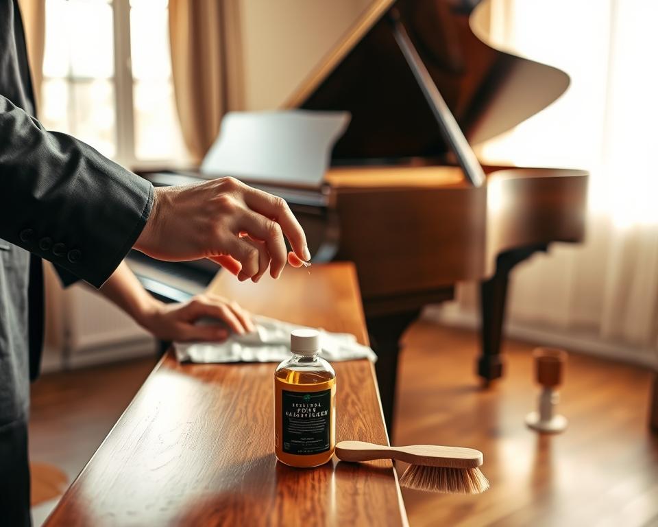 A well-lit, inviting workspace showcasing a piano bench undergoing maintenance. In the foreground, a close-up of a person’s hands (dressed in professional business attire) carefully applying polish to a polished wood piano bench. In the middle ground, tools such as a microfiber cloth, wood polish, and a soft brush are neatly arranged beside the bench. The background features a grand piano, partially blurred to emphasize the maintenance process without distractions. Warm, natural light filters through a nearby window, casting soft shadows, and creating a calm, focused atmosphere. The overall mood conveys a sense of care and craftsmanship, highlighting the importance of maintaining beautiful piano furniture.