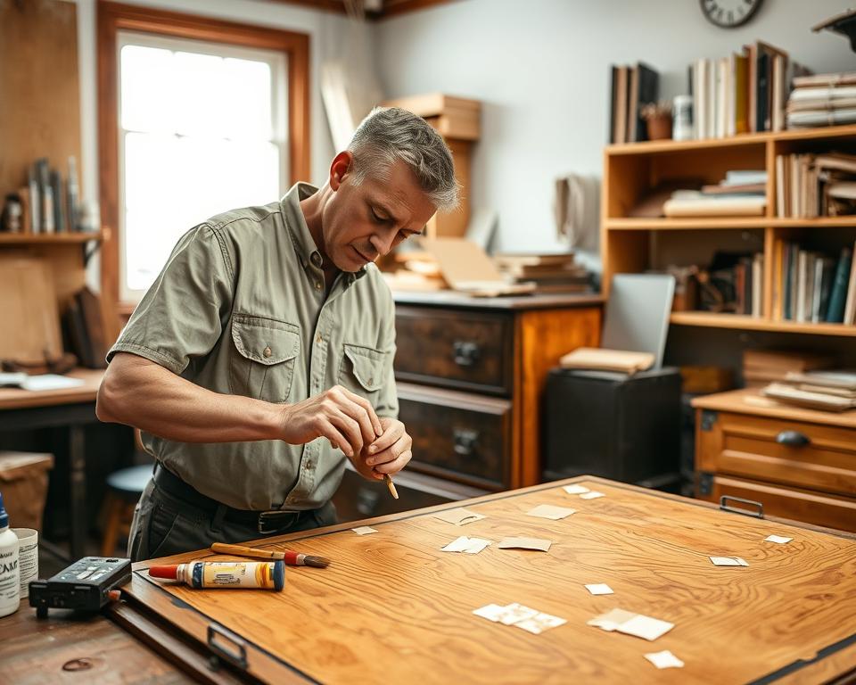 A well-lit workshop scene showcasing a professional craftsman in a modest short-sleeve shirt carefully repairing a wooden veneer surface on an antique piece of furniture. In the foreground, tools like veneer glue, clamps, and a small brush are neatly arranged beside the craftsperson, emphasizing their focus. The middle ground features the partially restored dresser with visible grain patterns enhancing the wood's beauty, while scattered veneer patches hint at the ongoing repair process. In the background, warm wooden shelves lined with restoration books and further supplies create an inviting atmosphere that conveys expertise and warmth. Soft, diffused lighting streams through a nearby window, casting gentle shadows and highlighting the intricate details of both the furniture and the craftsman's focused expression, encapsulating the importance of knowing when to seek professional help for delicate repairs.