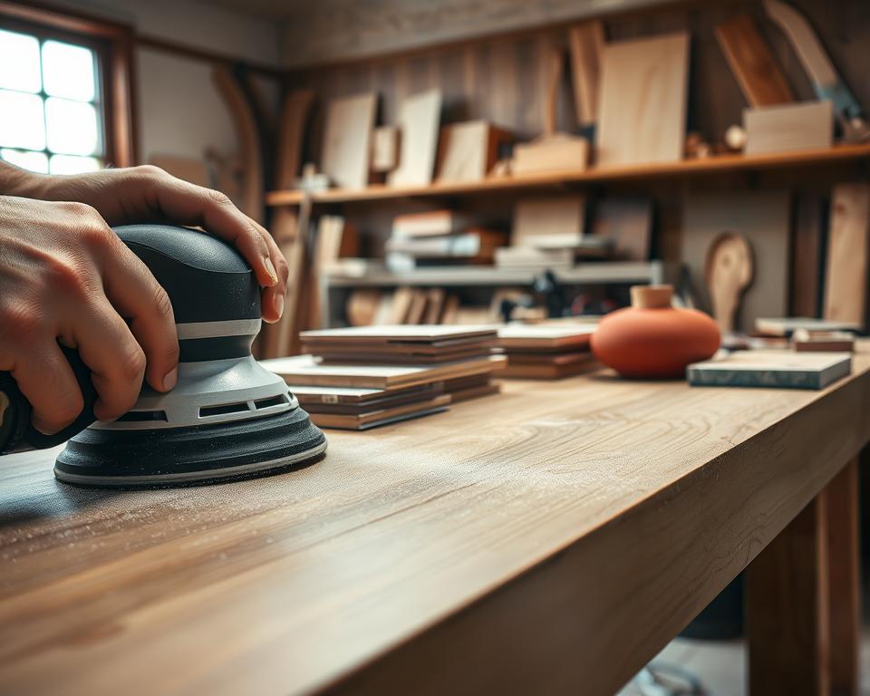 A well-lit workshop scene showcasing various sanding techniques. In the foreground, a close-up of hands using an orbital sander on a polished wooden surface, dust particles glinting in the soft light. In the middle, an array of sanding tools and materials, including sandpaper of different grits, a sanding block, and a sanding sponge, neatly organized. In the background, shelves filled with wood projects awaiting finishing touches, complemented by warm wood tones and natural light streaming through a window. The atmosphere conveys a sense of craftsmanship and attention to detail, highlighting the importance of precision in achieving a perfect finish. The image is devoid of any people, focusing solely on the tools and materials in the workspace.