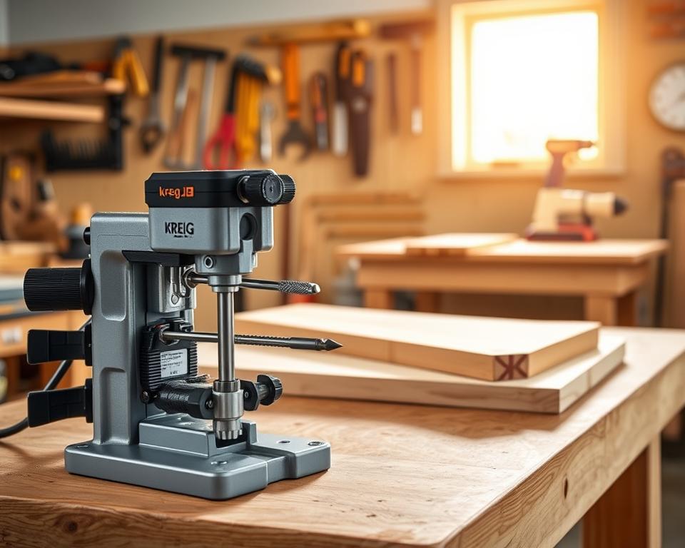 A well-organized Kreg Jig setup displayed on a sturdy workbench in a well-lit workshop. In the foreground, focus on the Kreg Jig, showcasing its clamps, drill guide, and drill bit in detailed close-up, reflecting precise alignment. The middle ground includes a few completed pocket hole joints and wooden planks, highlighting craftsmanship. The background features tools neatly arranged on a wall, with warm, natural light streaming through a nearby window, creating a bright and inviting atmosphere. This image should convey a sense of professionalism and focus, capturing the essential elements of home woodworking and the common mistakes beginners might encounter while using the Kreg Jig.