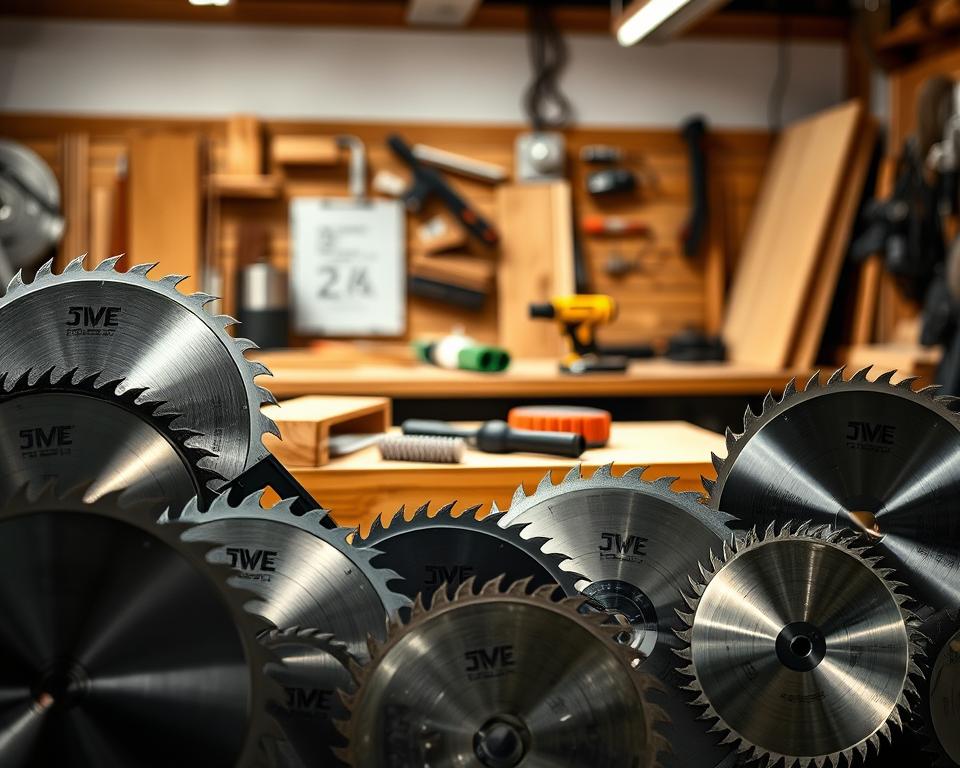 A well-organized display of various circular saw blades prominently featured in the foreground, showcasing different sizes, shapes, and tooth configurations, ideal for educational purposes. The middle ground includes a sturdy wooden table equipped with essential maintenance tools such as a blade wrench and a cleaning brush, emphasizing the importance of blade care. In the background, a well-lit workshop atmosphere enhances the mood, with soft, diffused lighting casting gentle shadows across the workspace. The scene is framed using a slightly angled perspective that invites the viewer into the world of woodworking safety and blade selection. The overall atmosphere is professional and focused, with a crisp and clean aesthetic, ensuring clarity and emphasis on the subject matter.