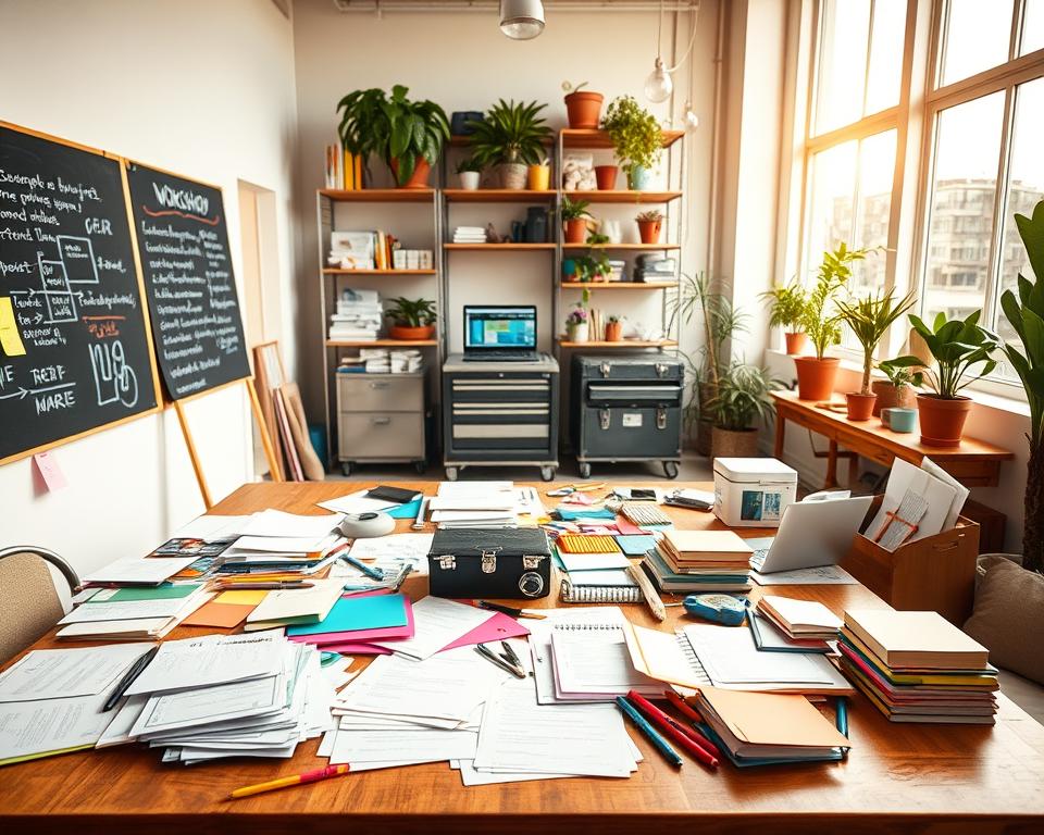 A well-organized small workshop setup in a bright, airy room. In the foreground, a large wooden table is cluttered with neatly arranged workshop materials: colorful stationery, printed handouts, and instructional tools. To the left, a chalkboard filled with brainstorming notes adds a splash of creativity. In the middle, a task area features a few metal toolboxes and a laptop with a collaborative project displayed. The background showcases shelves stocked with more supplies, plants for a refreshing touch, and large windows allowing natural light to flood the space. The lighting is warm and inviting, evoking a productive atmosphere. A wide-angle lens captures the entire scene, highlighting both the planning and resources required for a successful workshop preparation.