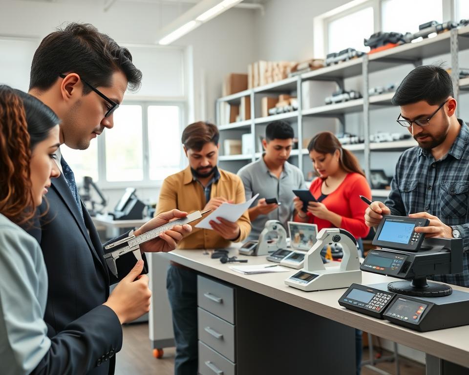 A well-organized workshop setting featuring a diverse group of professionals calibrating various measuring instruments, such as calipers, micrometers, and digital scales. In the foreground, a technician in a professional business attire is carefully adjusting a caliper, while another individual checks measurements on a digital display. The middle ground includes a calibration station equipped with tools and manuals, with well-organized cabinets and calibration certificates visible. The background shows shelves with measuring instruments and a large window allowing natural light to flood the room, creating an inviting and focused atmosphere. The lighting is bright and clear, emphasizing the precision and accuracy needed for calibration. The overall mood is one of collaboration and professionalism, highlighting the importance of properly calibrated tools.