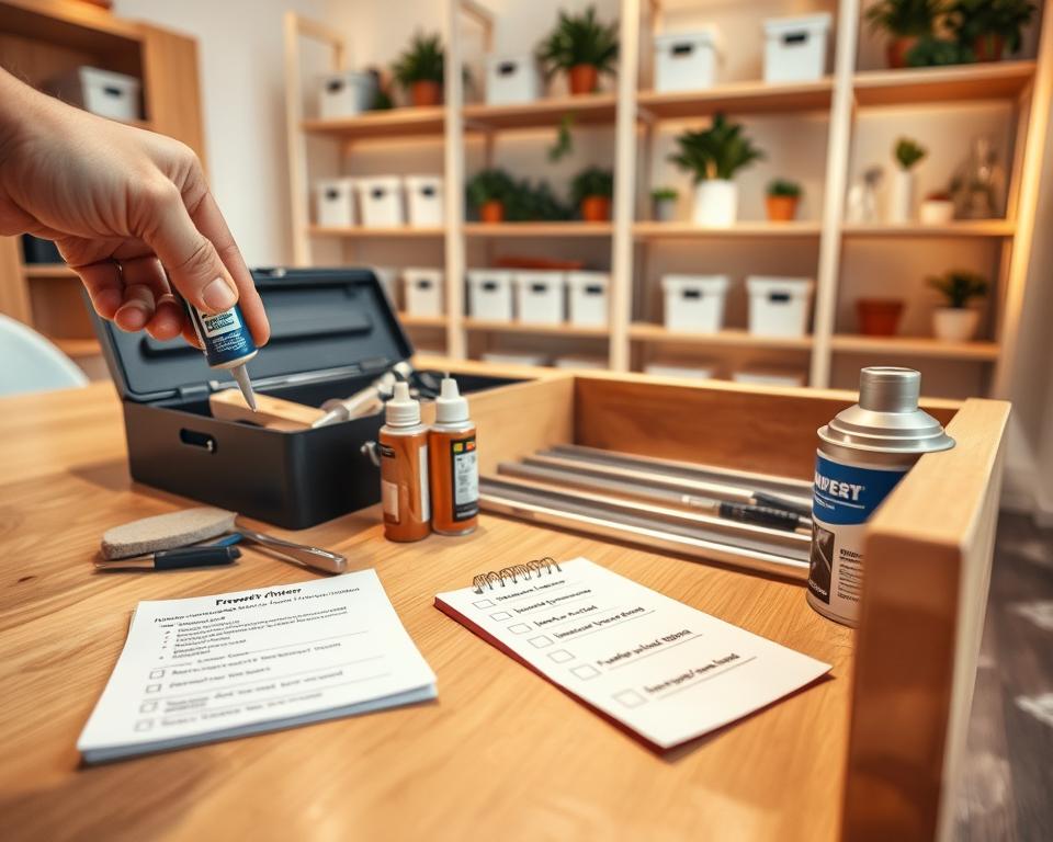 A well-organized workspace featuring a wooden desk with a partially open, sturdy drawer displaying essential maintenance tools like sandpaper, lubricant, and a can of furniture polish. The foreground shows a close-up of a hand applying lubricant to the drawer's runners, portraying action and care. In the middle ground, a toolbox is neatly arranged beside a notepad with a checklist of preventive measures. The background reveals a warm, inviting room with soft lighting, highlighting shelves with neatly arranged storage bins and potted plants, creating a cozy atmosphere. The image captures a sense of professionalism and tidiness, emphasizing the theme of proactive drawer maintenance. The angle is slightly tilted downwards to provide an intimate view of the maintenance process.