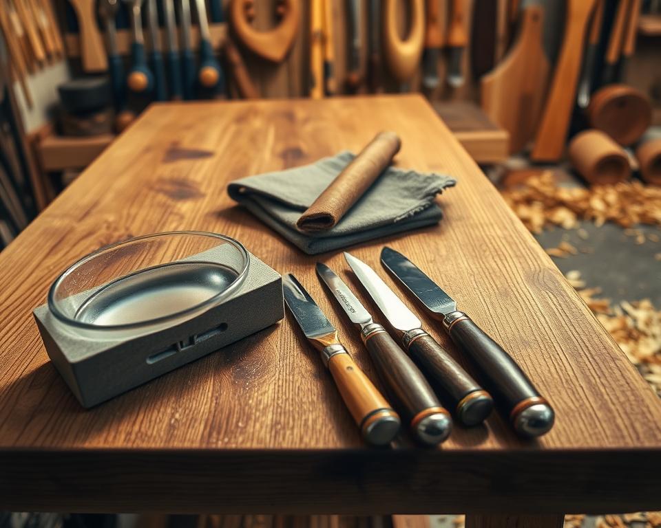 A wooden workspace dedicated to sharpening wood chisels, featuring a sturdy workbench made from oak with visible grain patterns. In the foreground, a high-quality sharpening stone is half-filled with water, and a few chisels with varying sizes are neatly arranged next to it, their polished steel blades glistening under soft, warm incandescent lighting. The middle of the scene includes a leather strop hanging on a hook and a small towel for wiping tools, creating a sense of preparation. The background reveals a well-organized wall with tool holders displaying additional woodworking tools and wooden shavings scattered across the floor, enhancing the artisanal atmosphere. The overall mood is calm and focused, reflecting the meticulous nature of tool maintenance, captured from a slightly elevated angle for a comprehensive view.